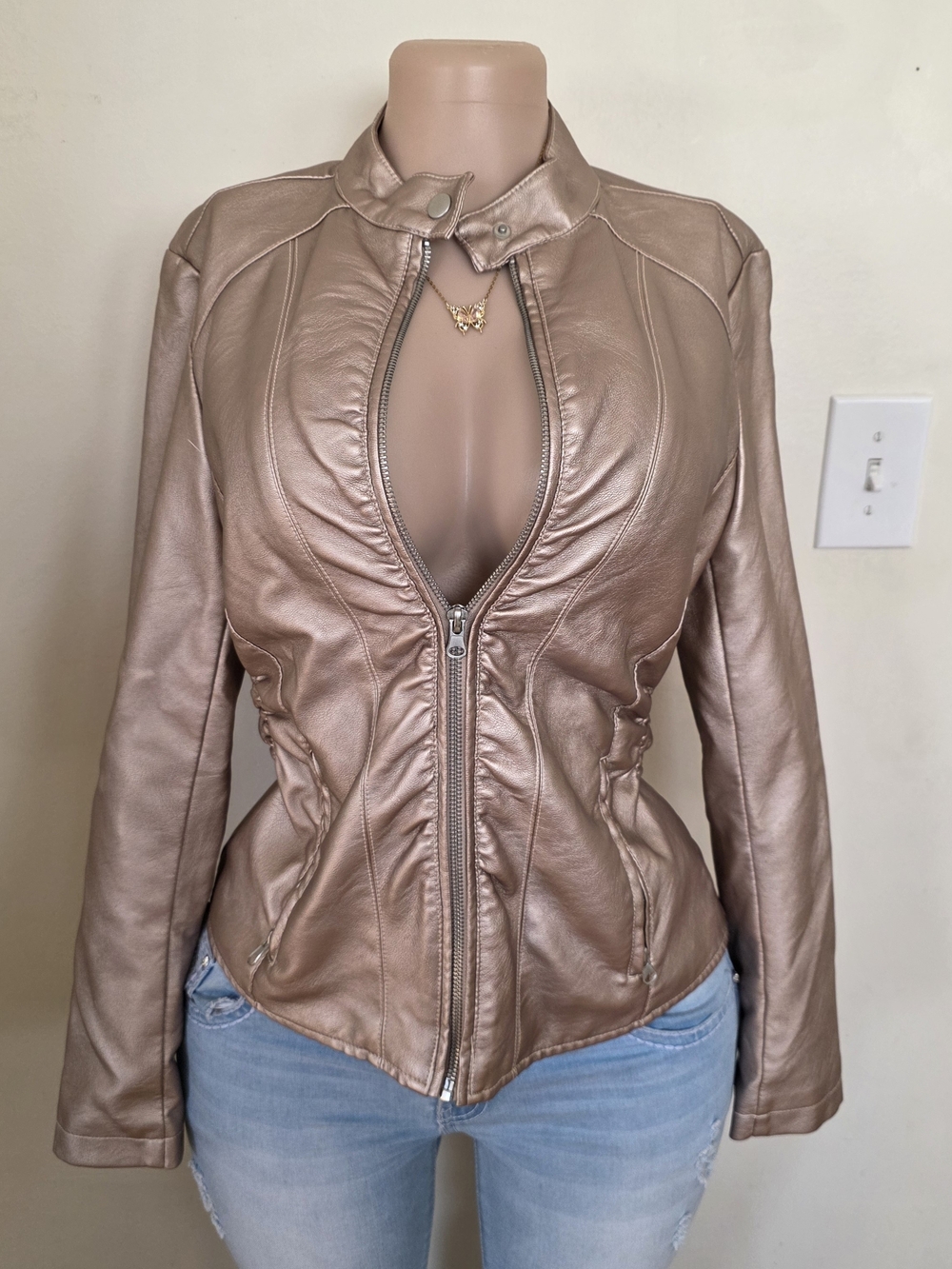 Baccini Metallic Rose Gold Faux Leather Zip Jacket